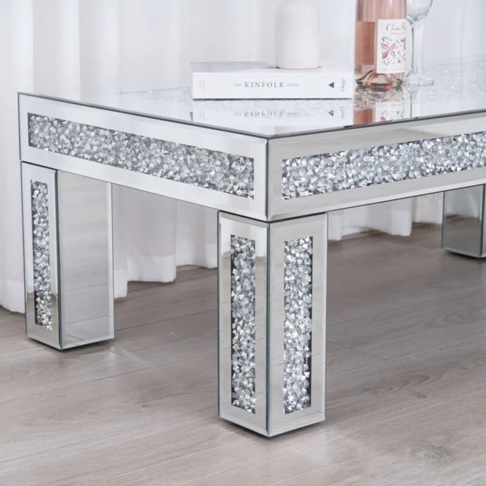 Comfy Living Ltd Rectangular Diamond Mirror Crystal Coffee Table in Silver 5