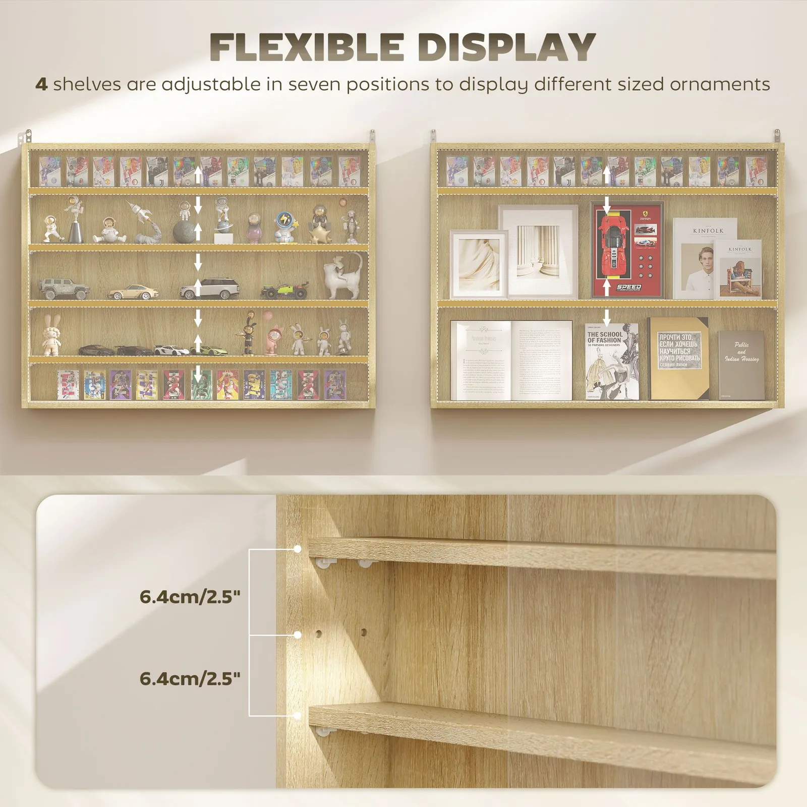 HOMCOM 5-Tier Wall Display Shelf Unit Cabinet w/ Shelves Glass Doors in Light Brown 4