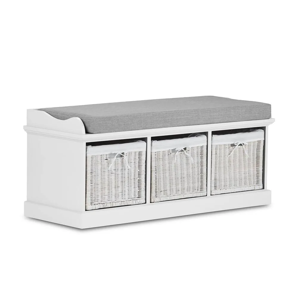 Statement Furniture Tetbury 3 White Wicker Basket & Grey Cushion Hallway Set 5