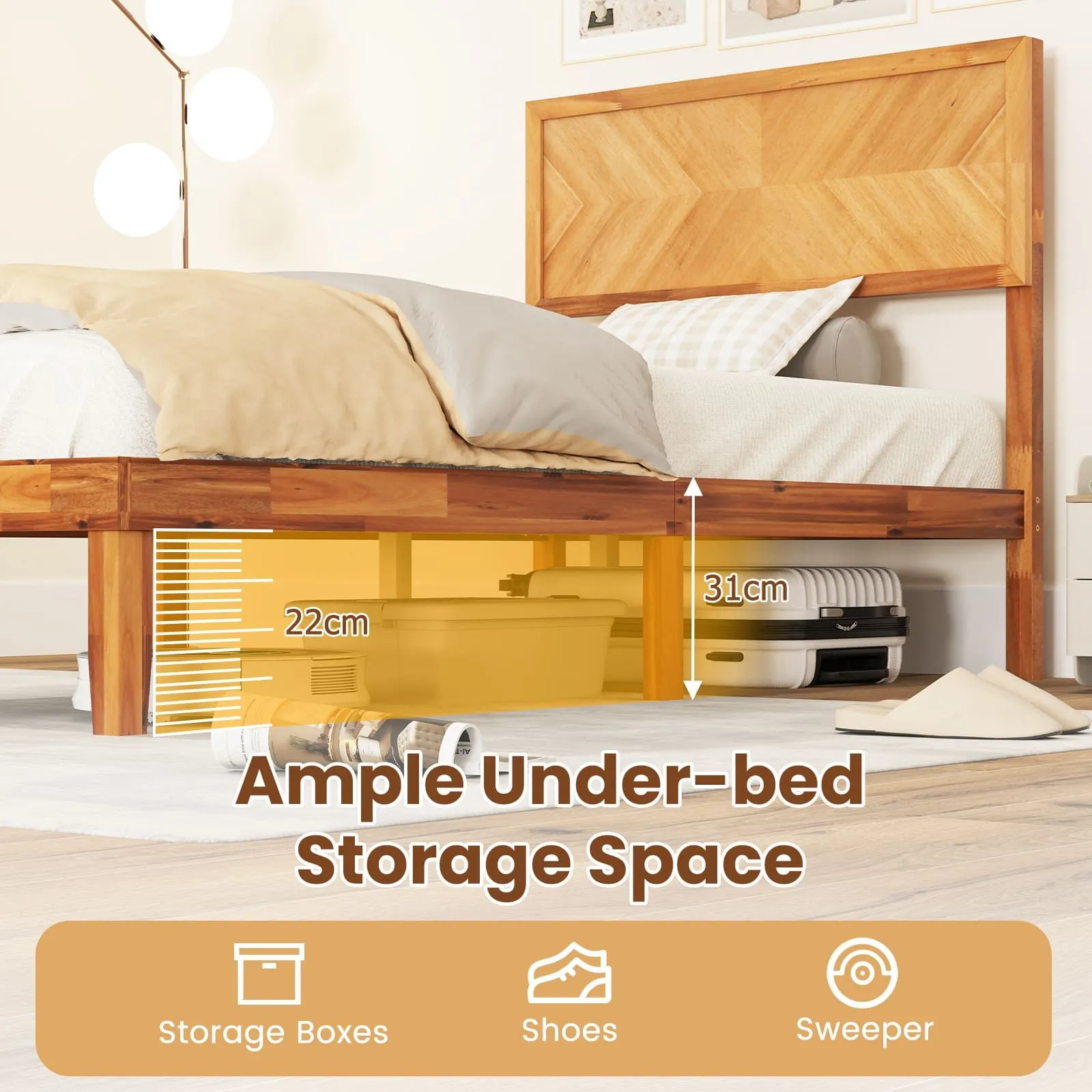 Costway Single Size Bed Frame Acacia Wood Platform Bed w/Headboard in Natural 6
