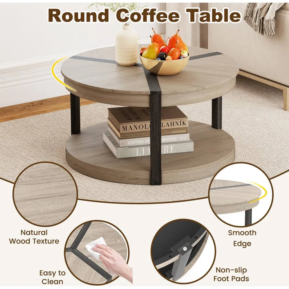 Costway 2-Tier Round Coffee Table 88CM Rubber Wood Center Table w/Shelf-Oak in Light Oak 4