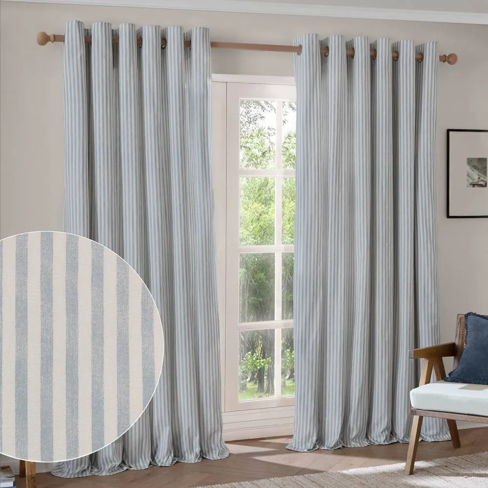 Yard Hebden Striped 100% Cotton Blackout Eyelet Curtain Pair in Blue 1