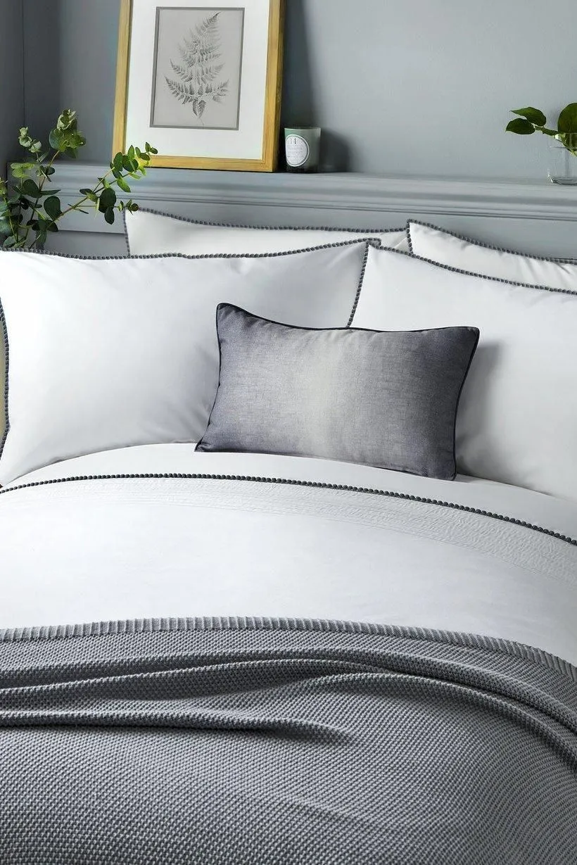 Serene 'Pom Pom' Embellished Trim Duvet Cover Set in Grey