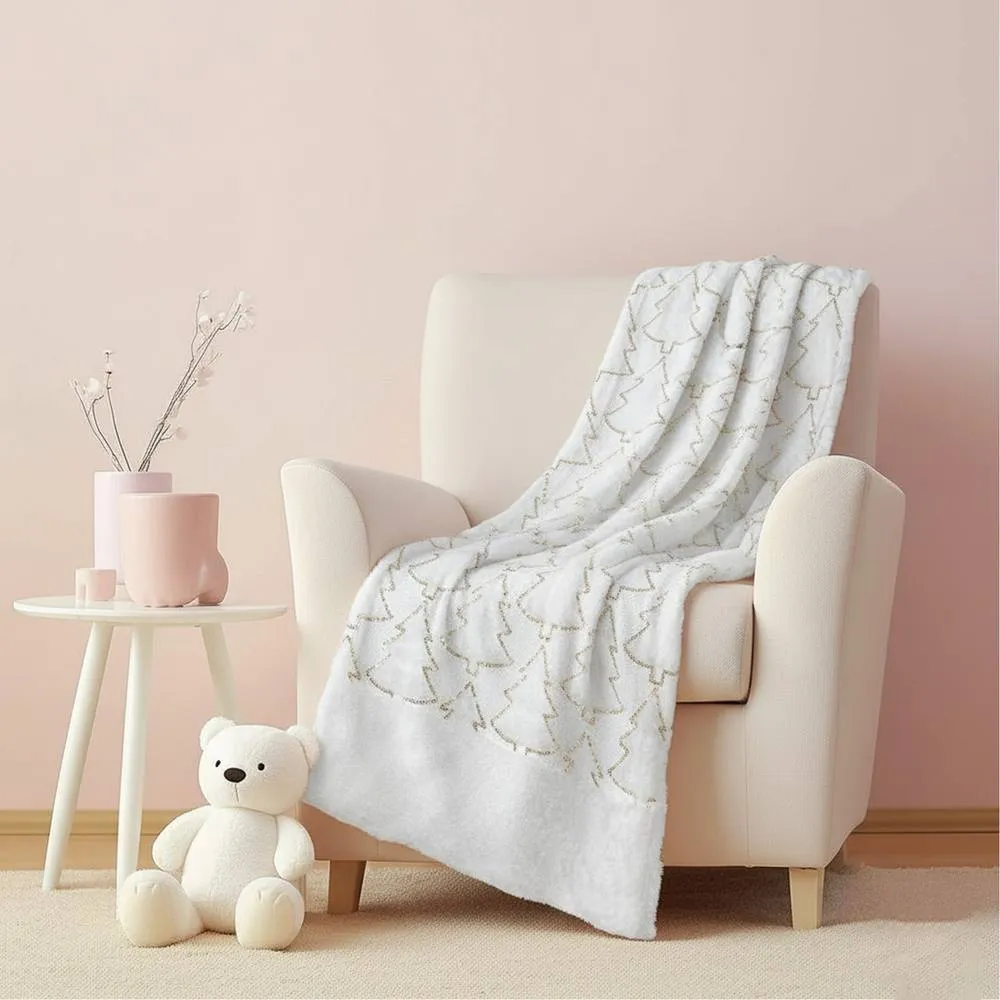 Snug City Christmas Tree Print Throw Blanket Cozy Festive Holiday Decor Gift in White