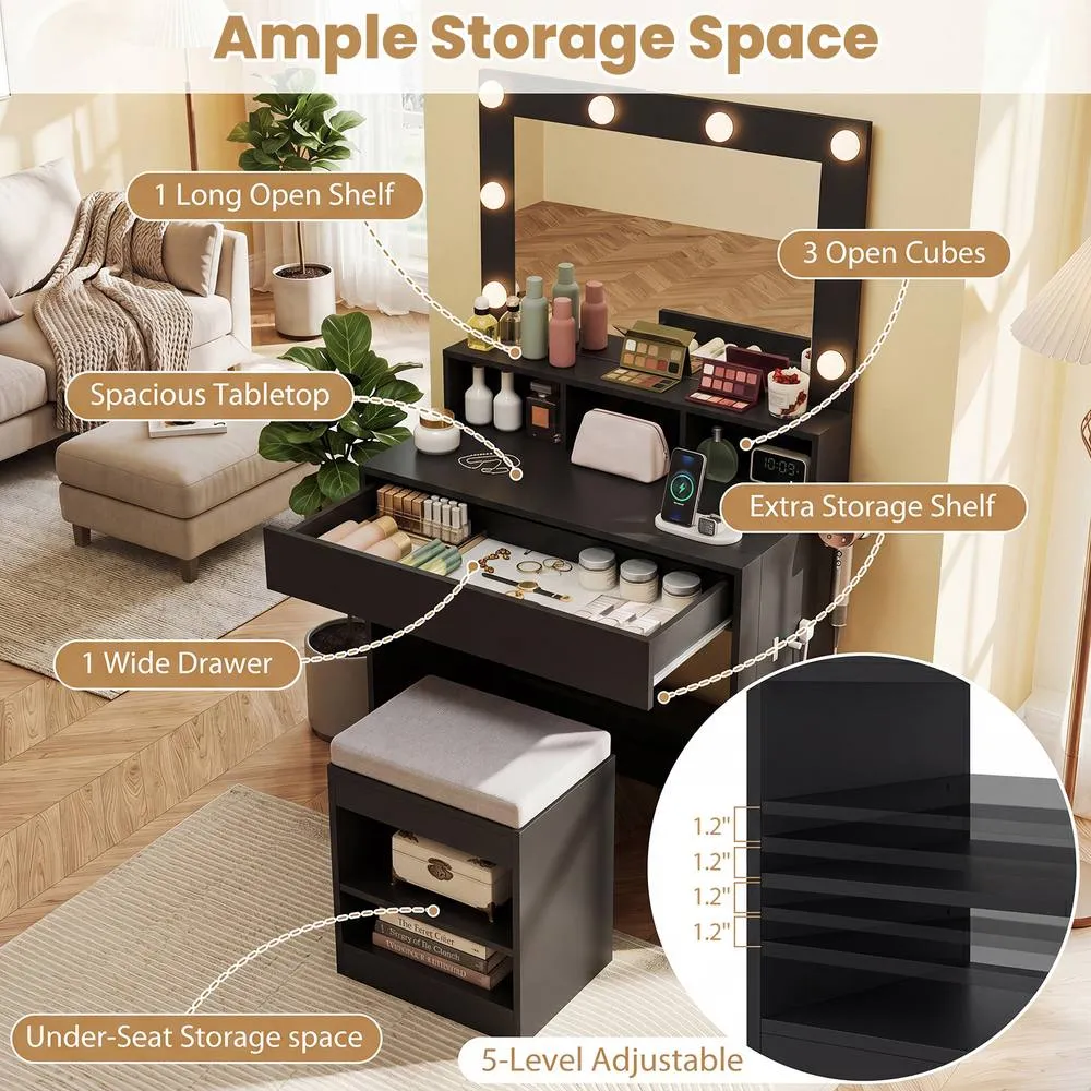 Costway Makeup Vanity Desk Set w/Mirror &Lights Dressing Table w/Stool &Drawer in Black 6