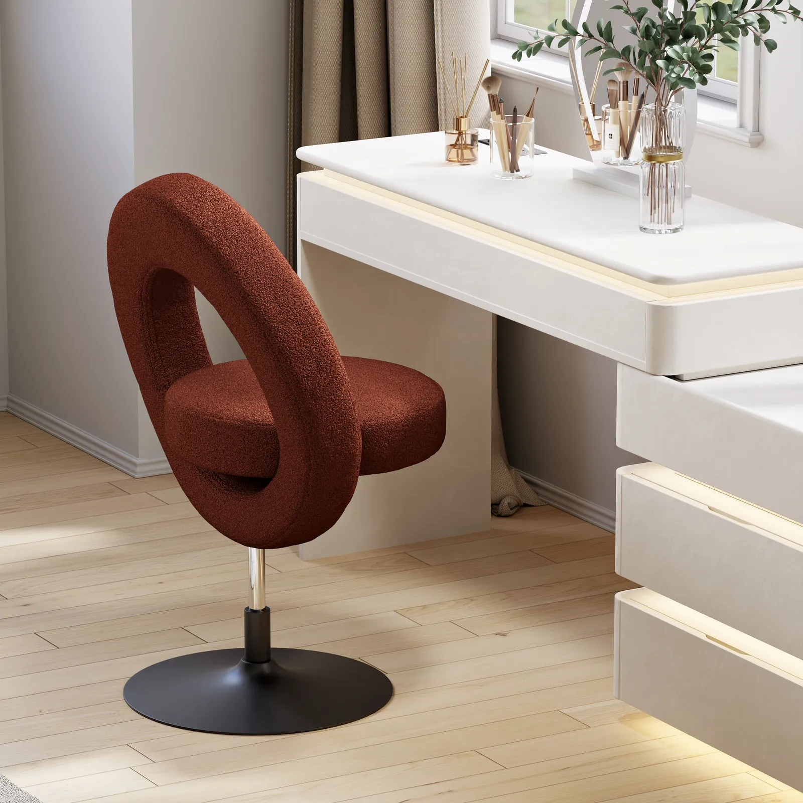 Modern Rust Boucle Adjustable Vanity Stool with Back