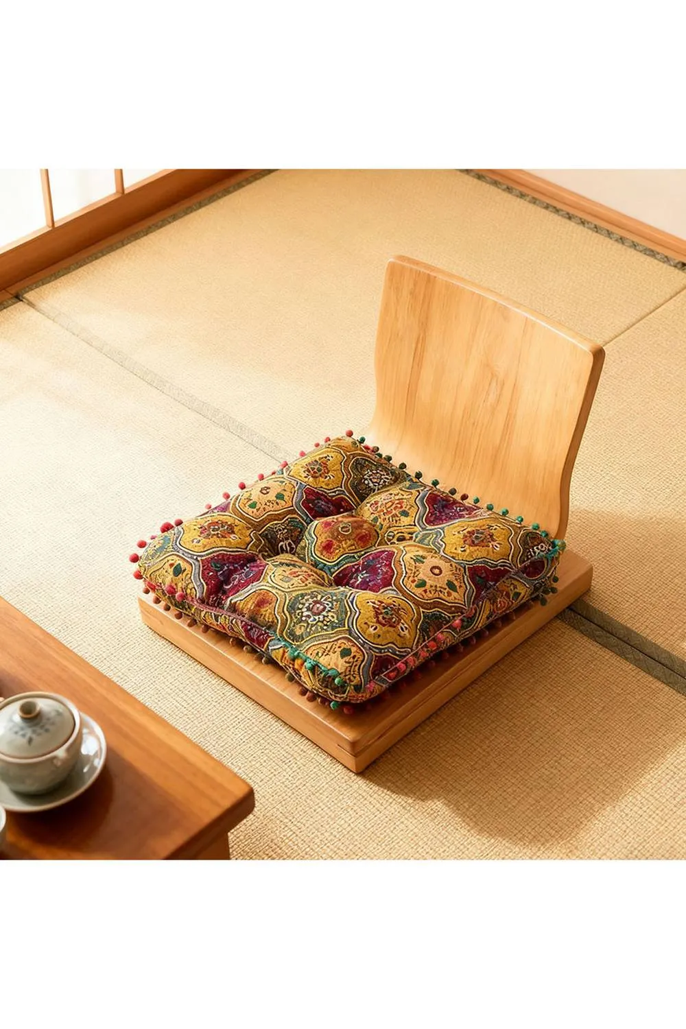 Living and Home Bohemian Patterned Pom-Pom Trimmed Seat Cushion in Yellow