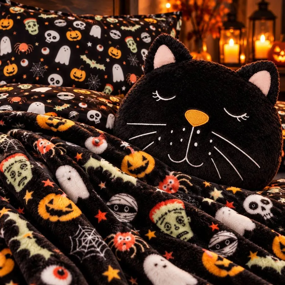 Smart Living 3 Piece Halloween Bedding Bundle Single Duvet Throw Cat Cushion in Black 3