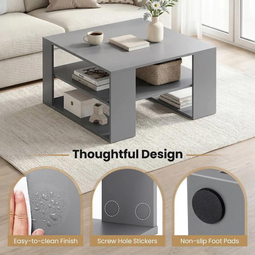 Costway Square Coffee Table Modern Compact Center Table with Open Shelf in Grey 6