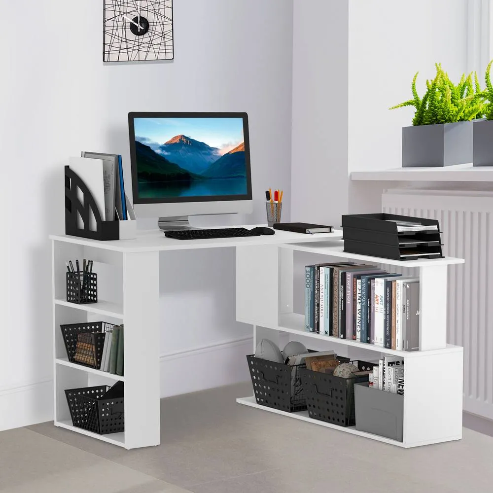 HOMCOM Corner Computer Desk with 360° Rotating Design & Bookshelf, White