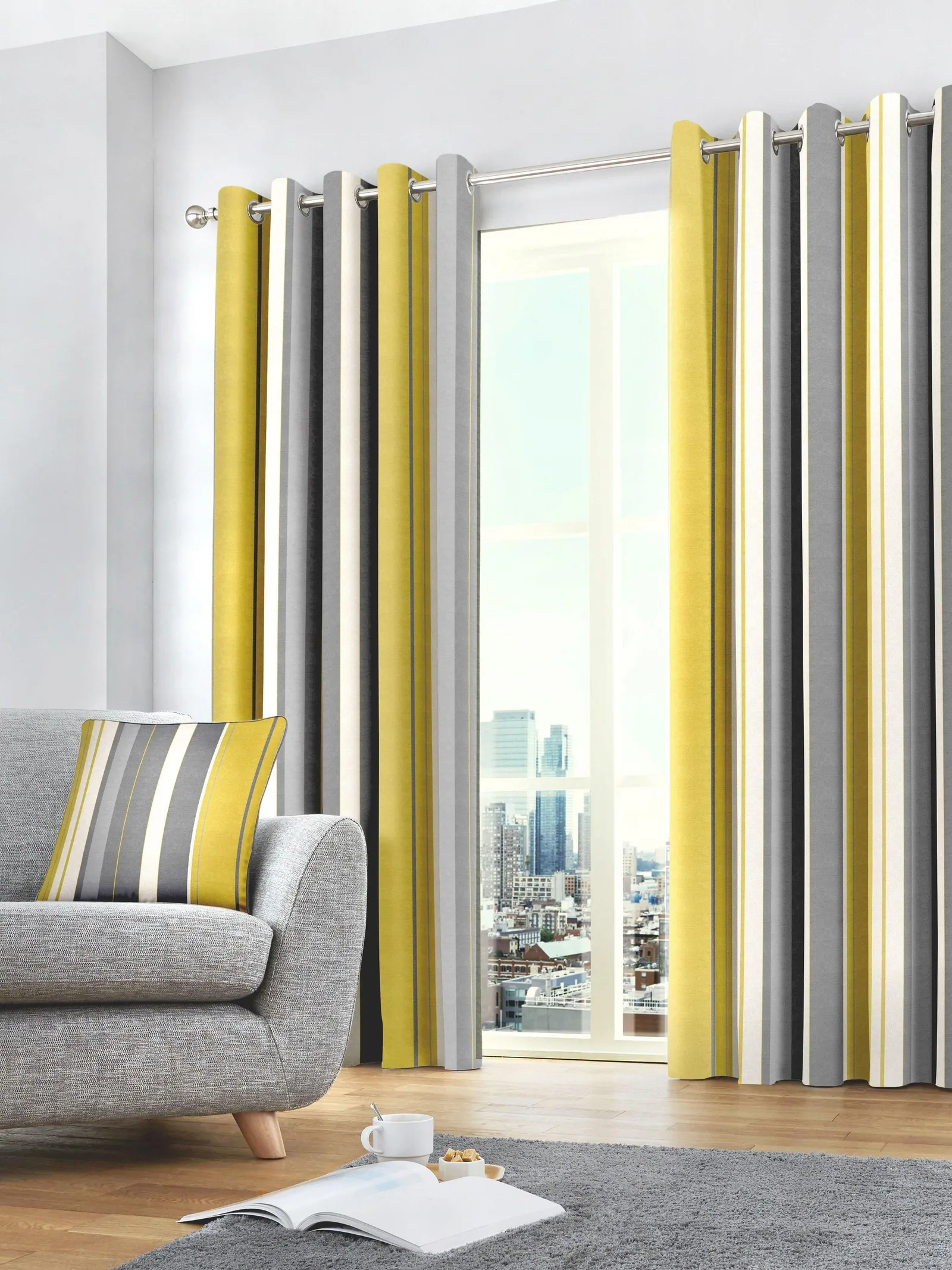 Fusion 'Whitworth Stripe' Fully Lined 100% Cotton Eyelet Curtains in Mustard 4
