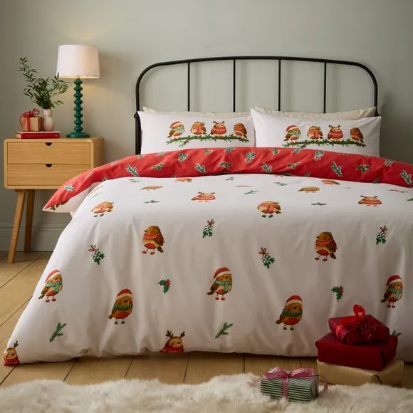 Catherine Lansfield Christmas Robins Polycotton Duvet Cover & Pillowcase Set 1