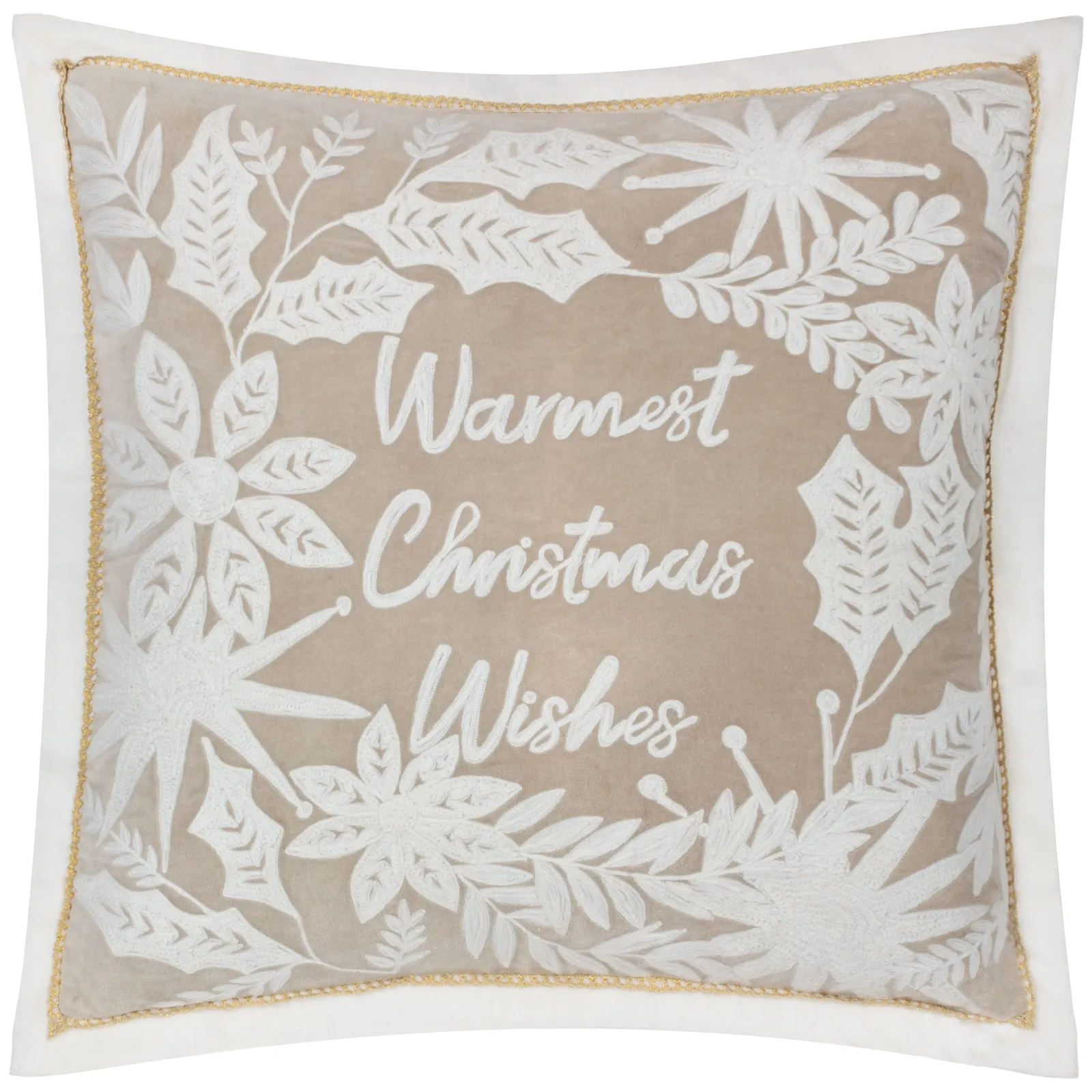 Paoletti Winter Warmest Wishes Embroidered Cushion in Beige 2