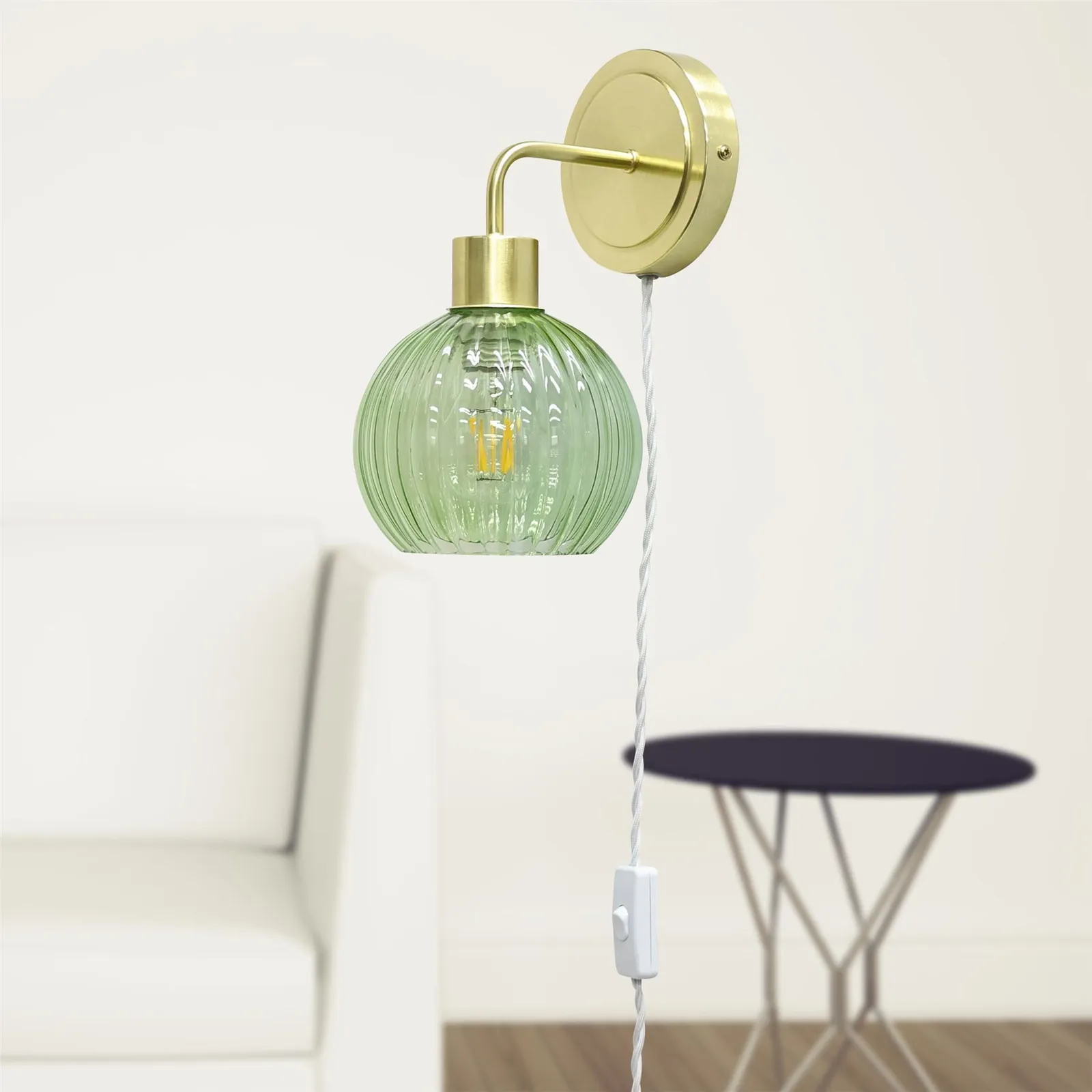 First Choice Lighting Set of 2 Toby - Satin Brass Plug in Wall Lights Green Ribbed Shades in Gold 5