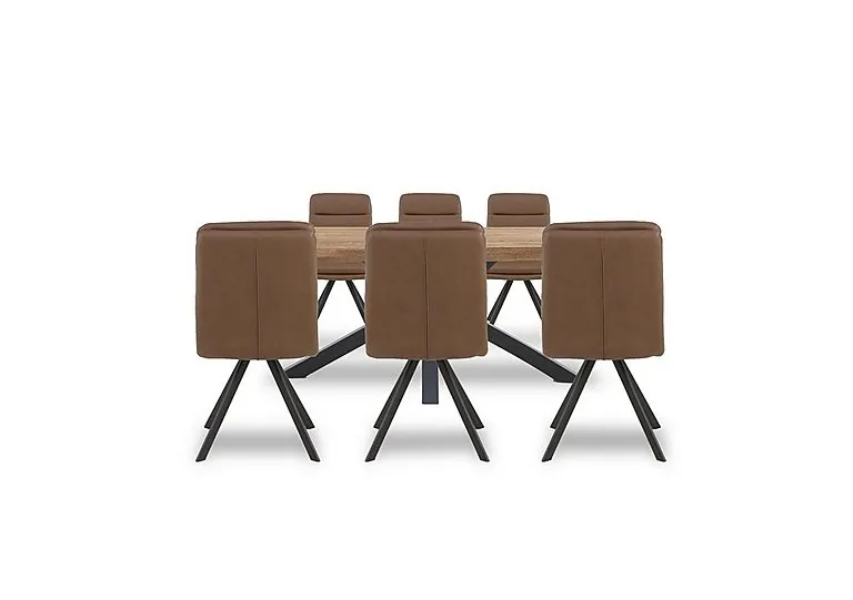 Njord Raw Edge Dining Table with Metal Star Base and 6 Tan Faux Leather Swivel Chairs - 220-cm - Storm Wood