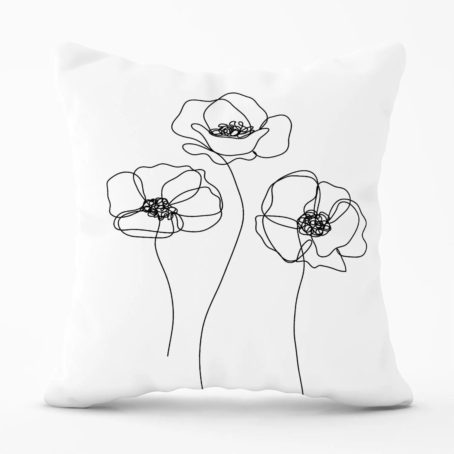 Warren Reed - Designer Monochrome Line Drawn Poppies Outdoor Cushion in White