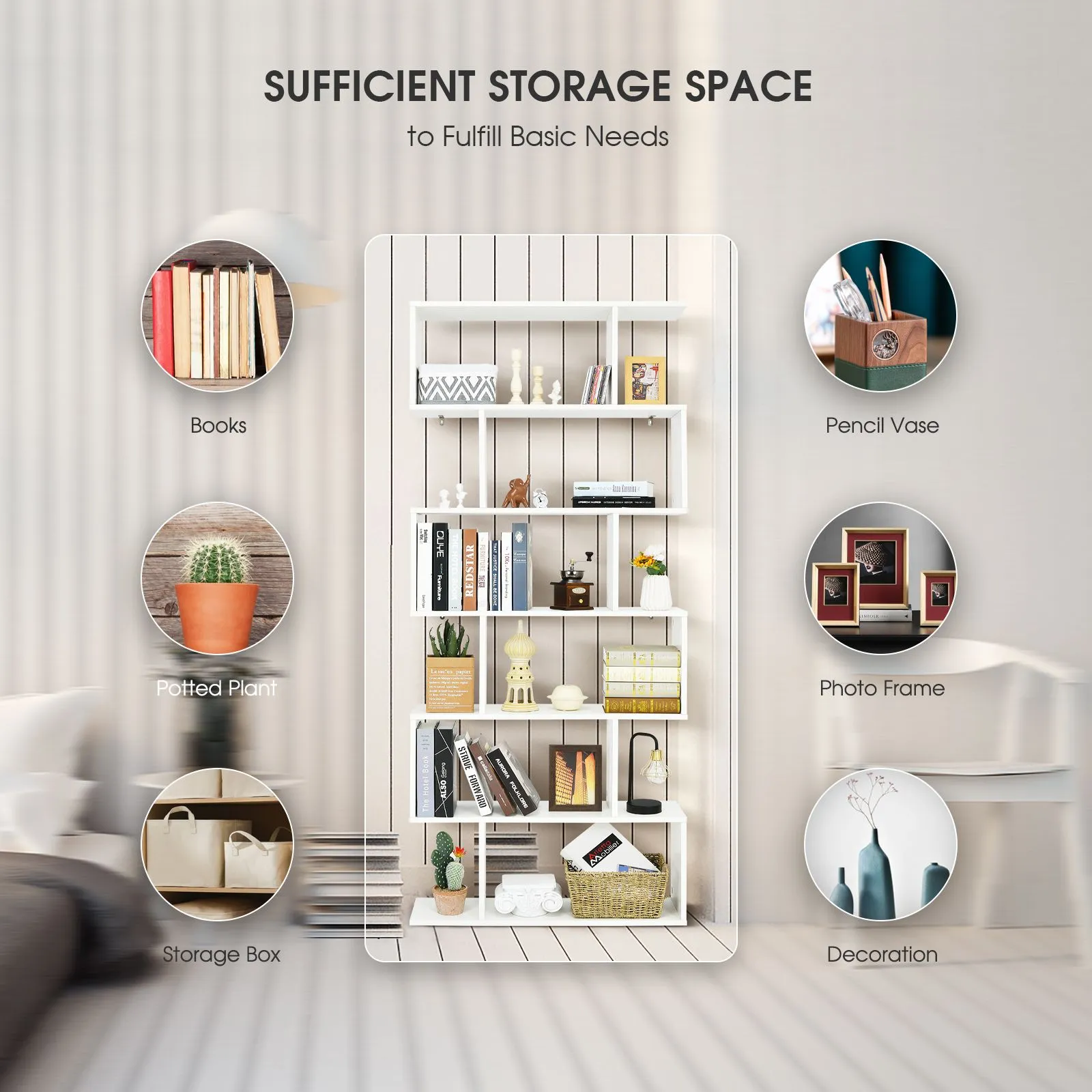 Costway 6-tier Bookcase Industrial S-Shaped Bookshelf Wooden Storage Display Rack in White 6