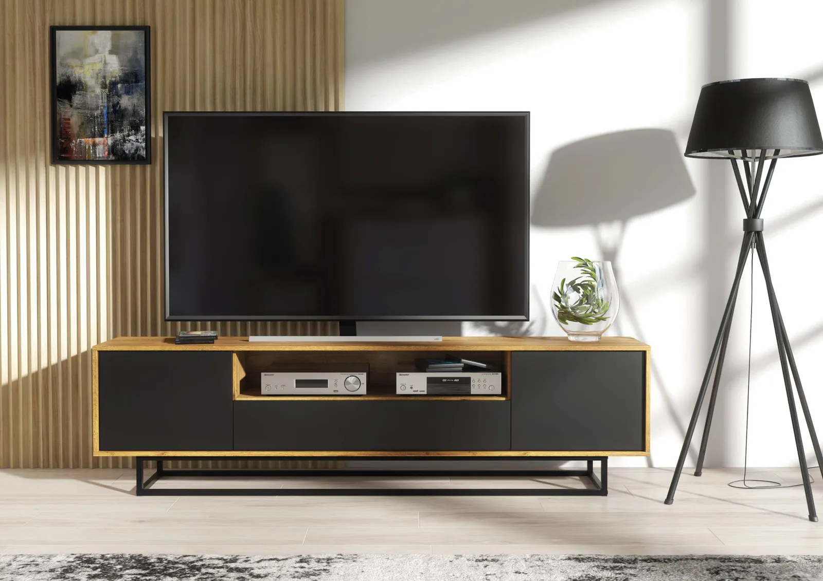Creative Furniture Rift Loft TV Unit 200cm - Industrial-Style Storage with Rustic, Oak & Black Matt Doors 3