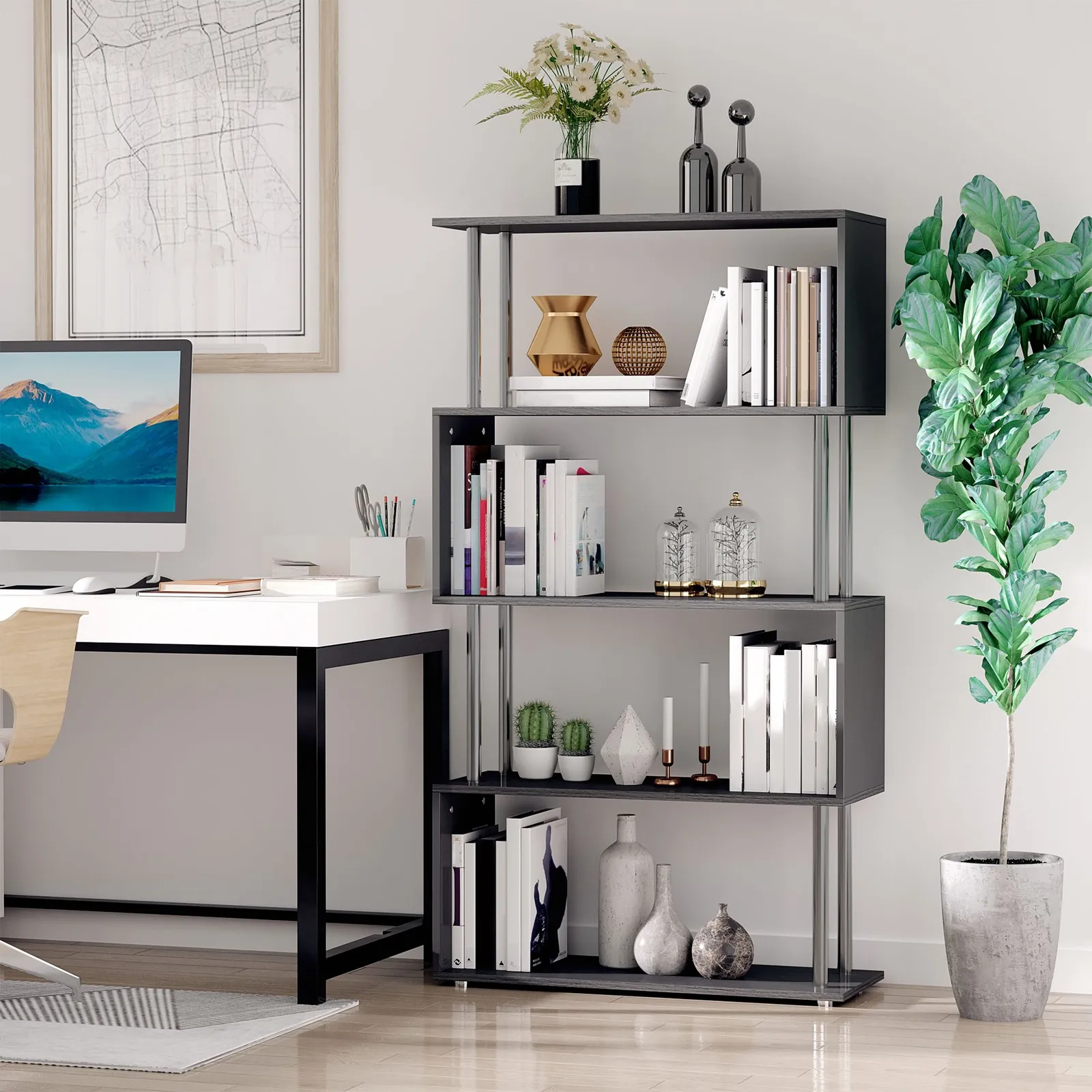 HOMCOM Wooden Storage Display Unit Bookshelf Bookcase Dividers S Shaped in Black