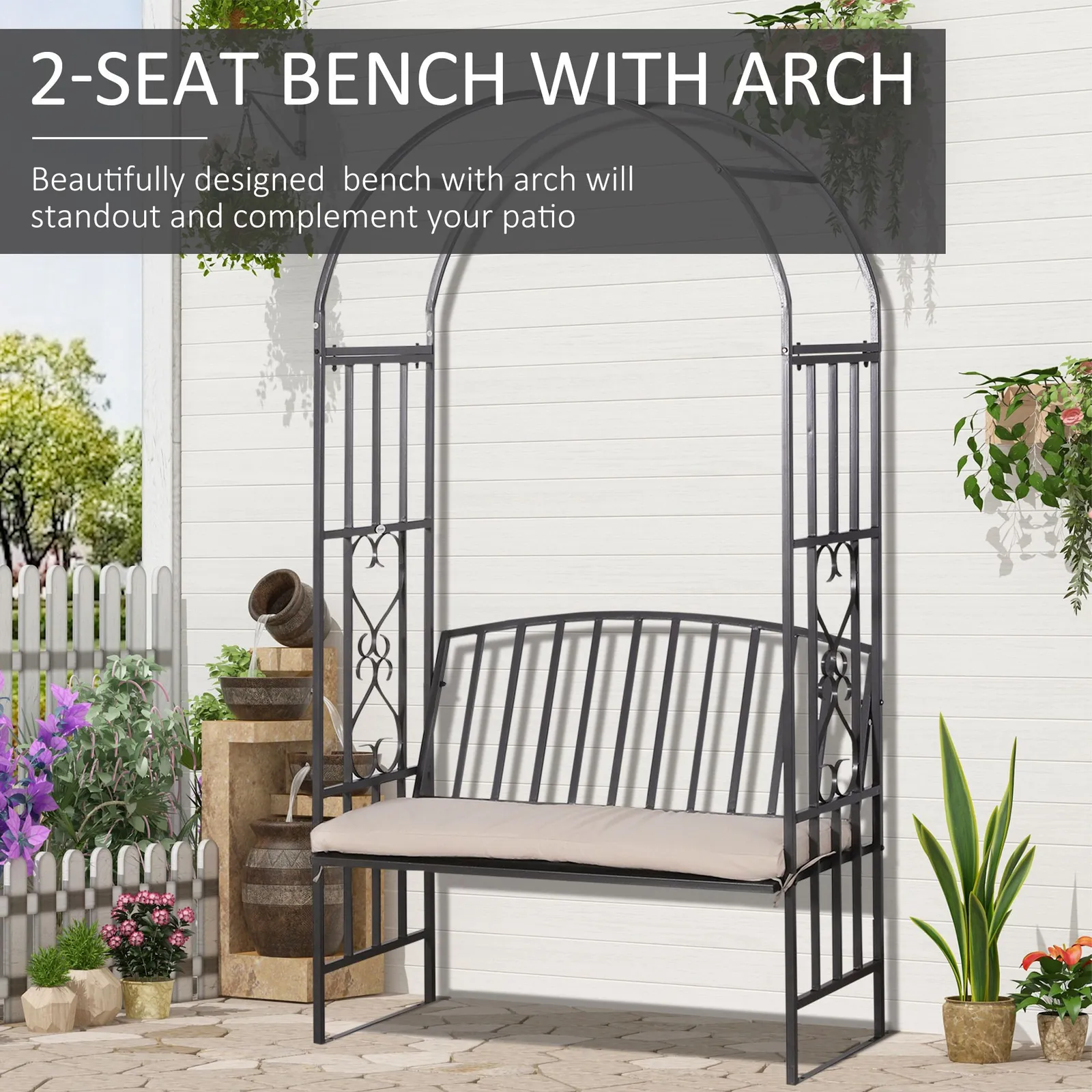 OUTSUNNY Garden Arbor Arch Metal Bench Padded Seat Outdoor Decoration Patio in Dark Grey 4