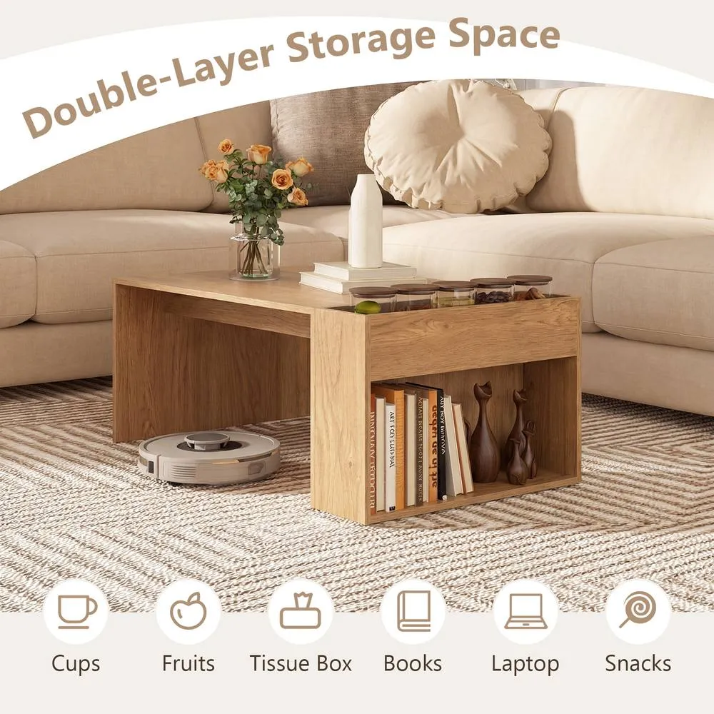 Costway Coffee Table 85cm Coffee Table with Double-Layer Storage Space in Tan 5