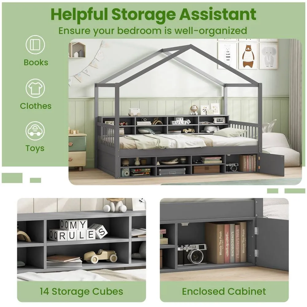 Costway Wooden Single Size House Bed with Roof & 14 Storage Cubes in Grey 4