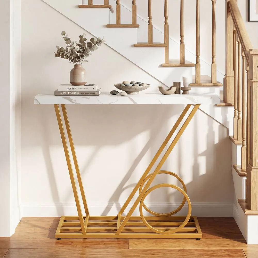 Costway 100CM Modern Console Table Faux Marble Entryway Table Sofa Side Table in White