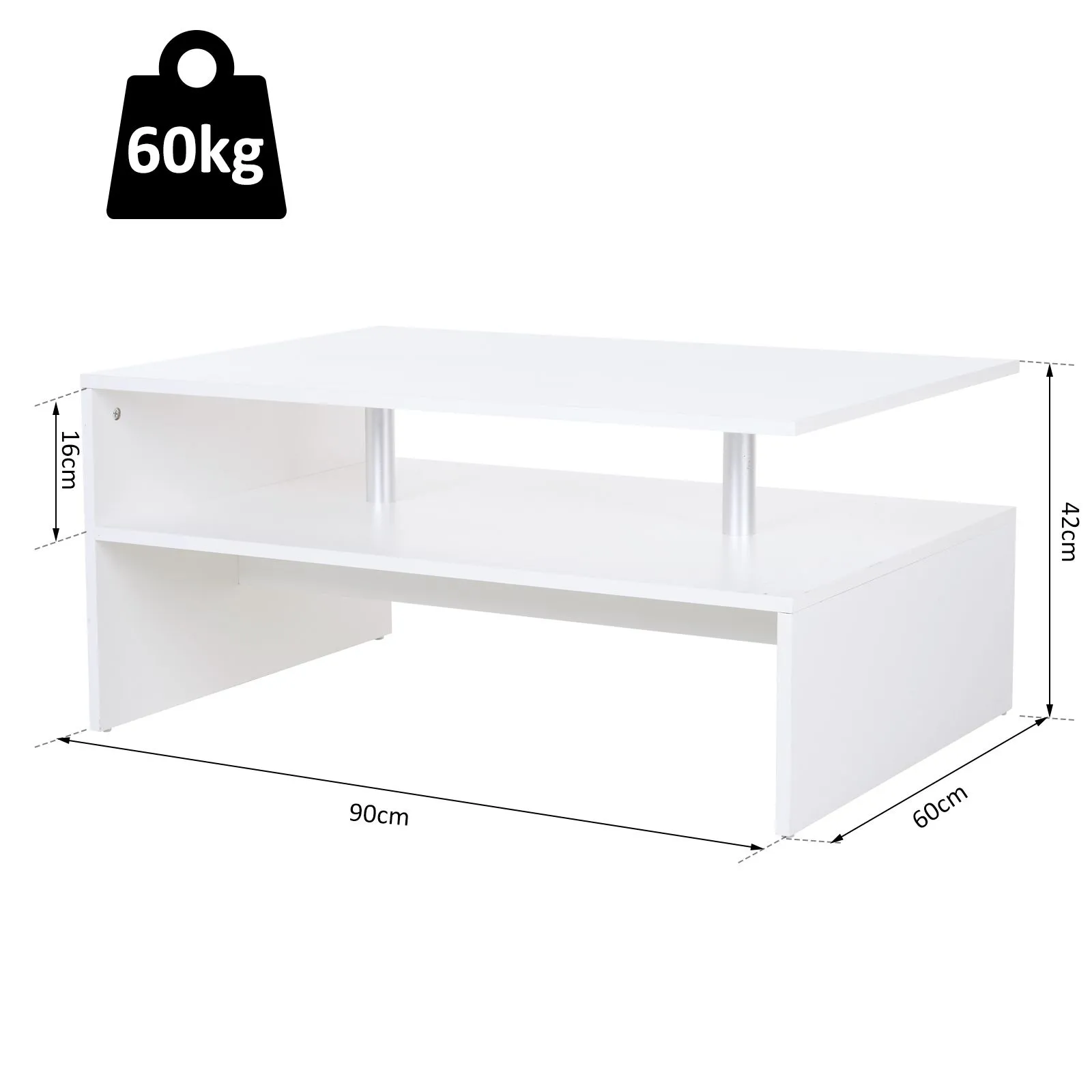 HOMCOM 2 Tier Coffee Table End/Side Table Modern Design Open Shelf in White 3