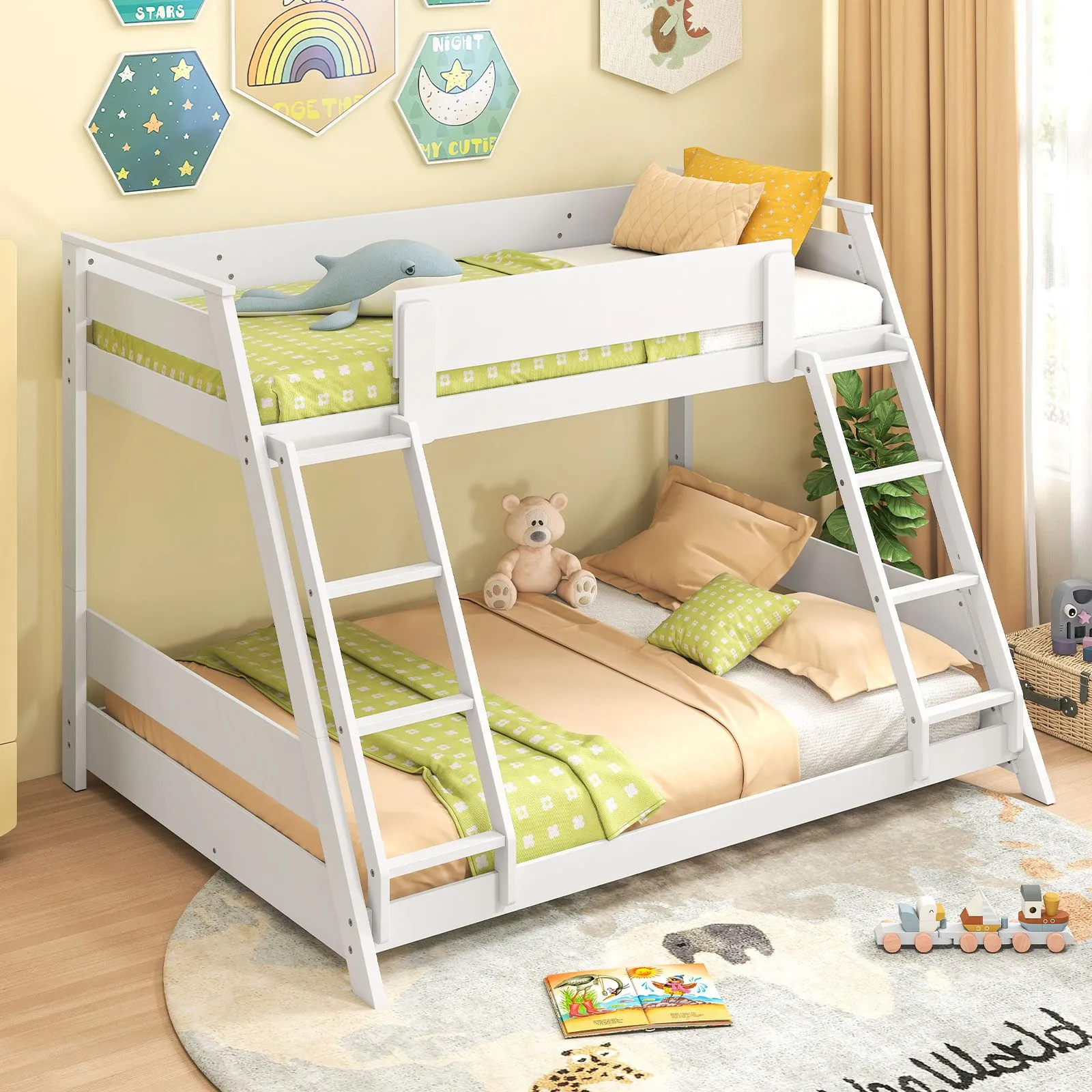 Costway 2-in-1 Single Over Double Bunk Bed Convertible Bed Frame w/ 2 Ladders in White 4