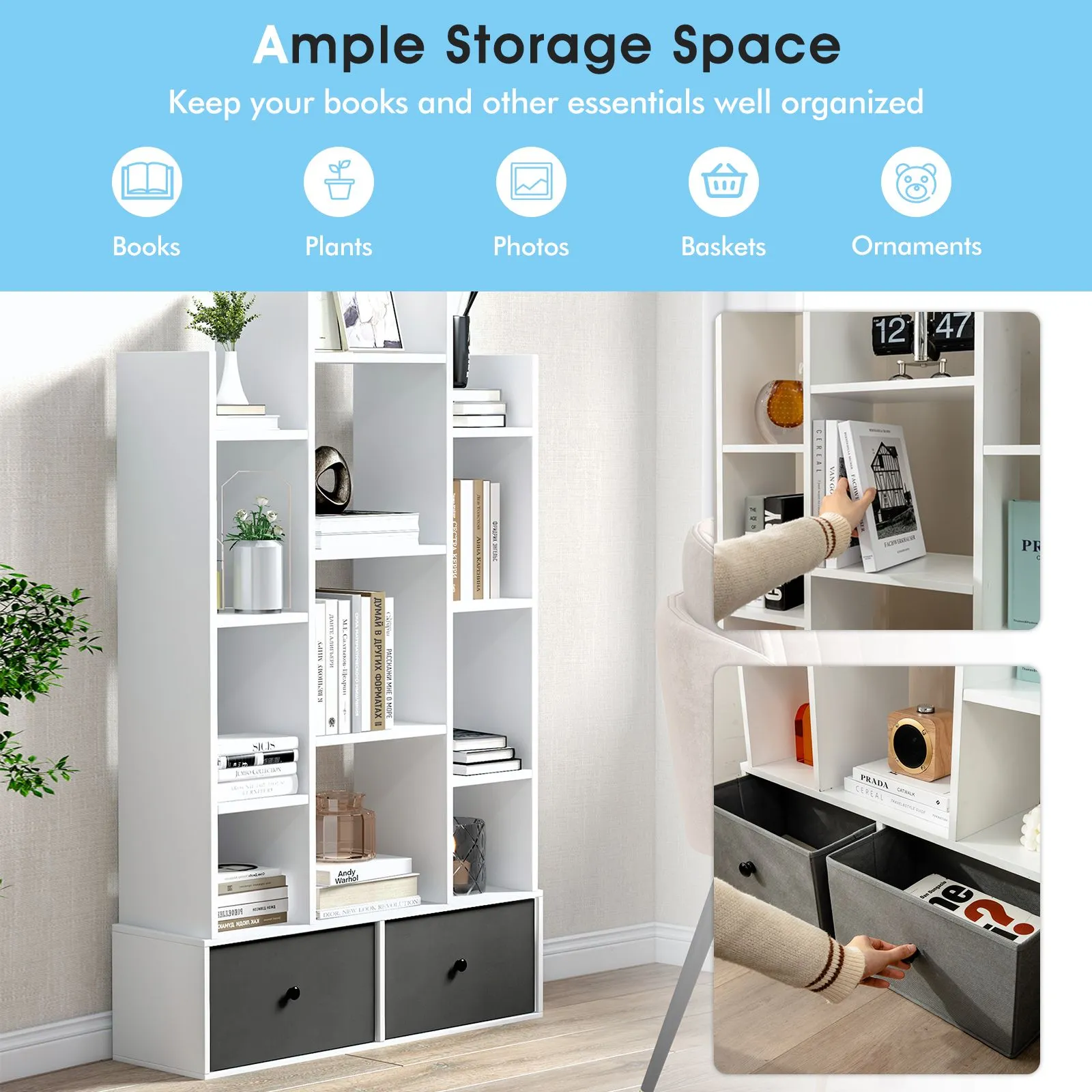 Costway 12 Tier Bookshelf Open Storage Wood Bookcase Organizer Display Shelf in White 3