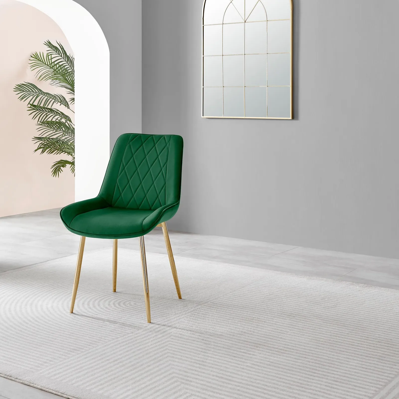 FurnitureboxUK Set of 2 Pesaro Luxury Soft Touch Diamond Pattern Velvet Dining Chairs With Gold Chrome Metal Legs in Green 5