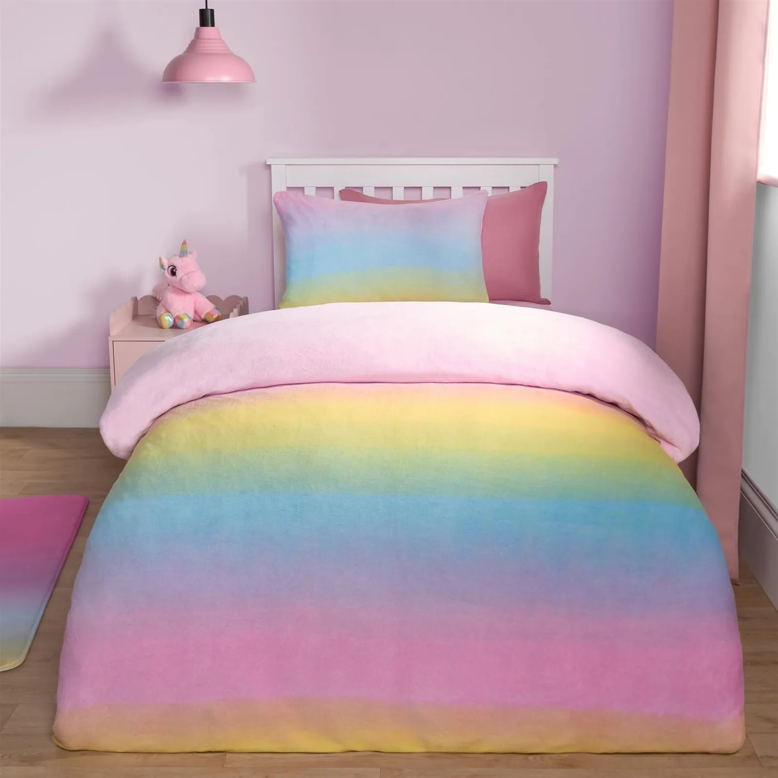 OHS Ombre Fleece Duvet Cover Pillowcase Quilt Rainbow Bedding Set in Pink