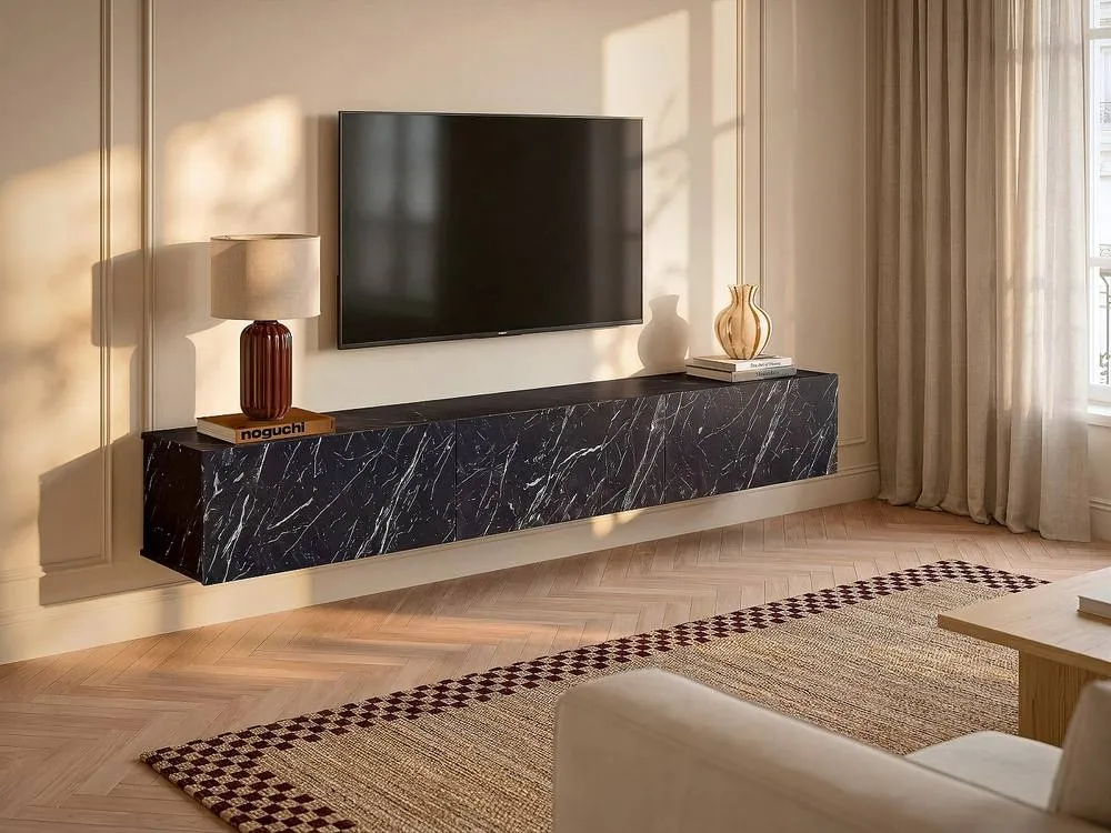 Vente-unique Wall - Mounted TV Unit With 3 Doors - Black Marble Effect - VIKILA 3