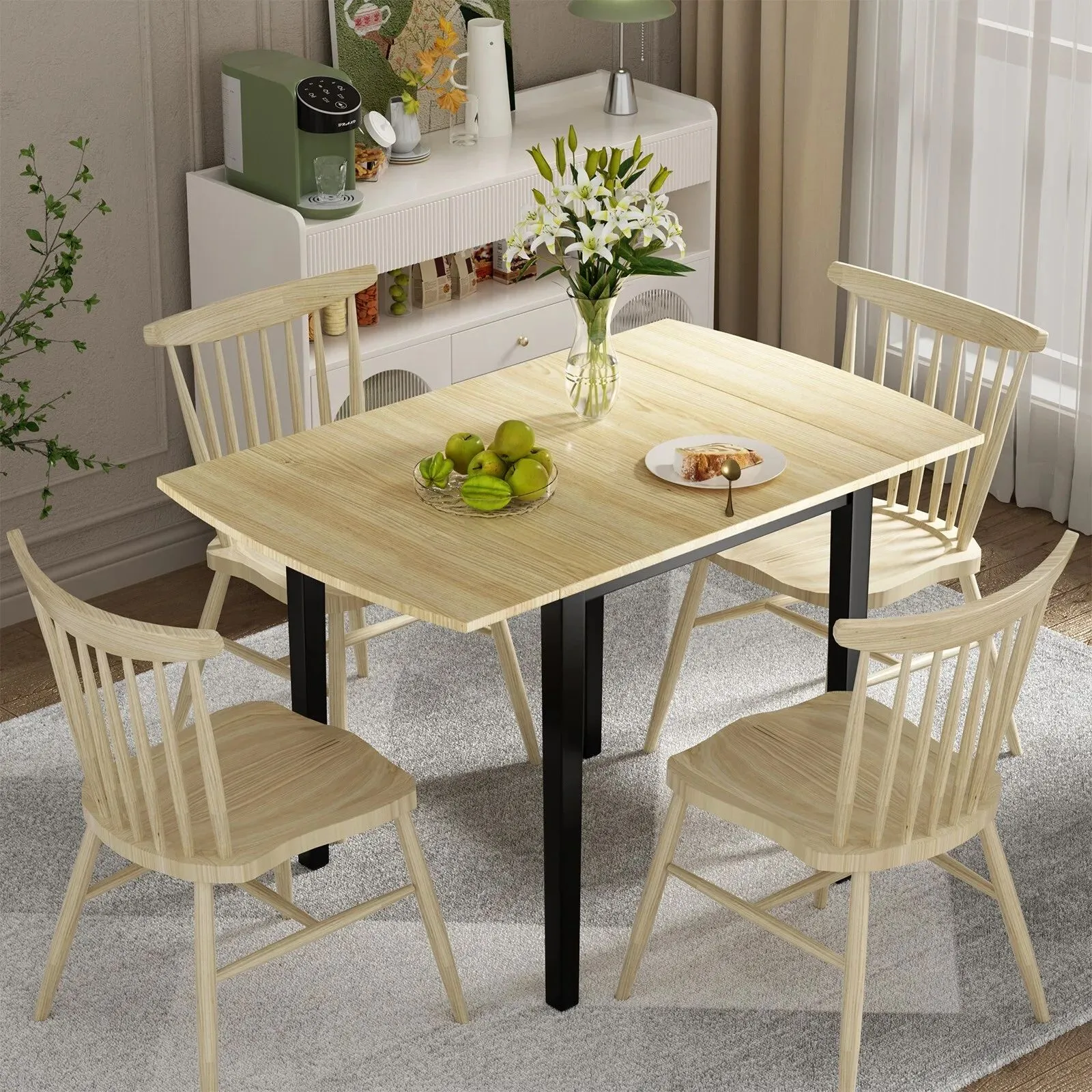 Costway Folding Dining Table Drop Leaf Tables Home Wood Kitchen Table with Foot Pad in Natural 4