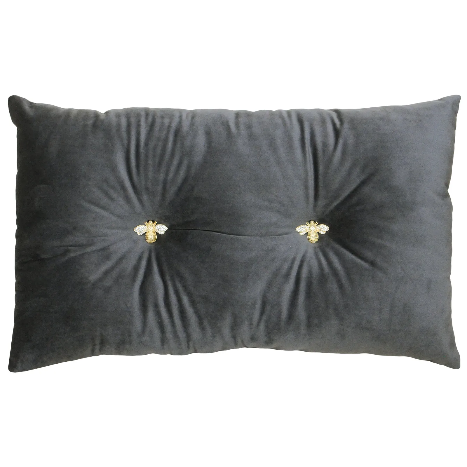 Paoletti Bumble Bee Embroidered Buttoned Velvet Ready Filled Cushion in Charcoal 2