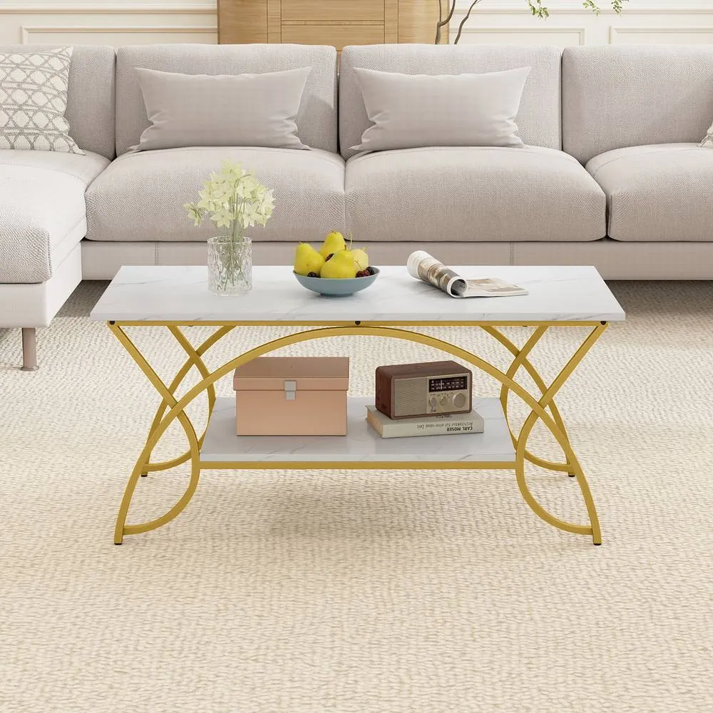 Costway 2-Tier Faux Marble Coffee Table Modern Cocktail Center Table w/ Shelf in White 4