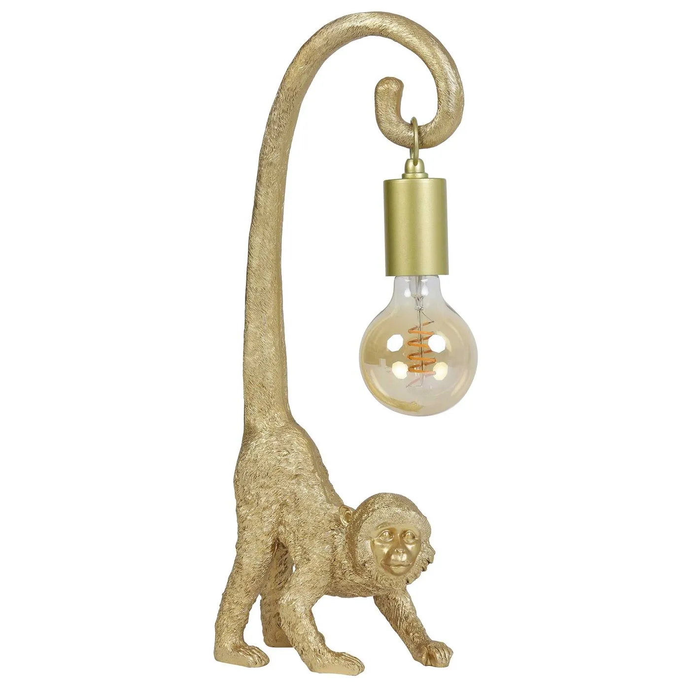 Monkey Table Lamp with Hanging Bulb, Gold