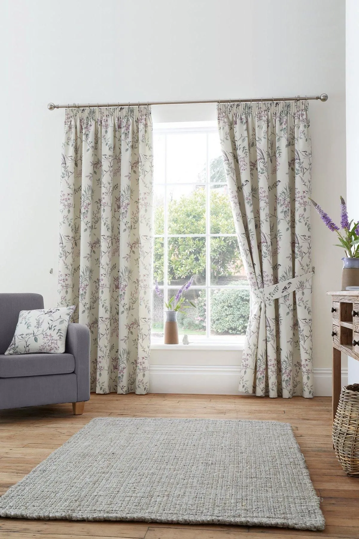 Dreams & Drapes 'Jazmine' 100% Cotton Floral Print Pair of Pencil Pleat Curtains With Tie-Backs in Lavender 2