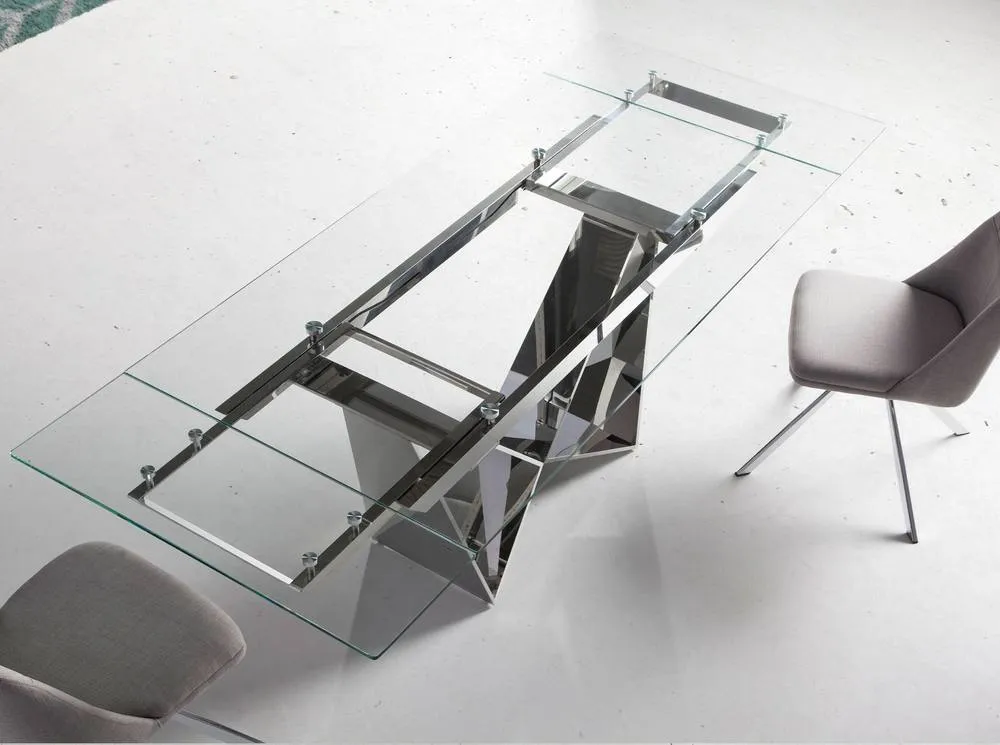 Angel Cerda Rectangular Extendable Dining Table, Tempered Glass, Chrome Legs in Silver 4