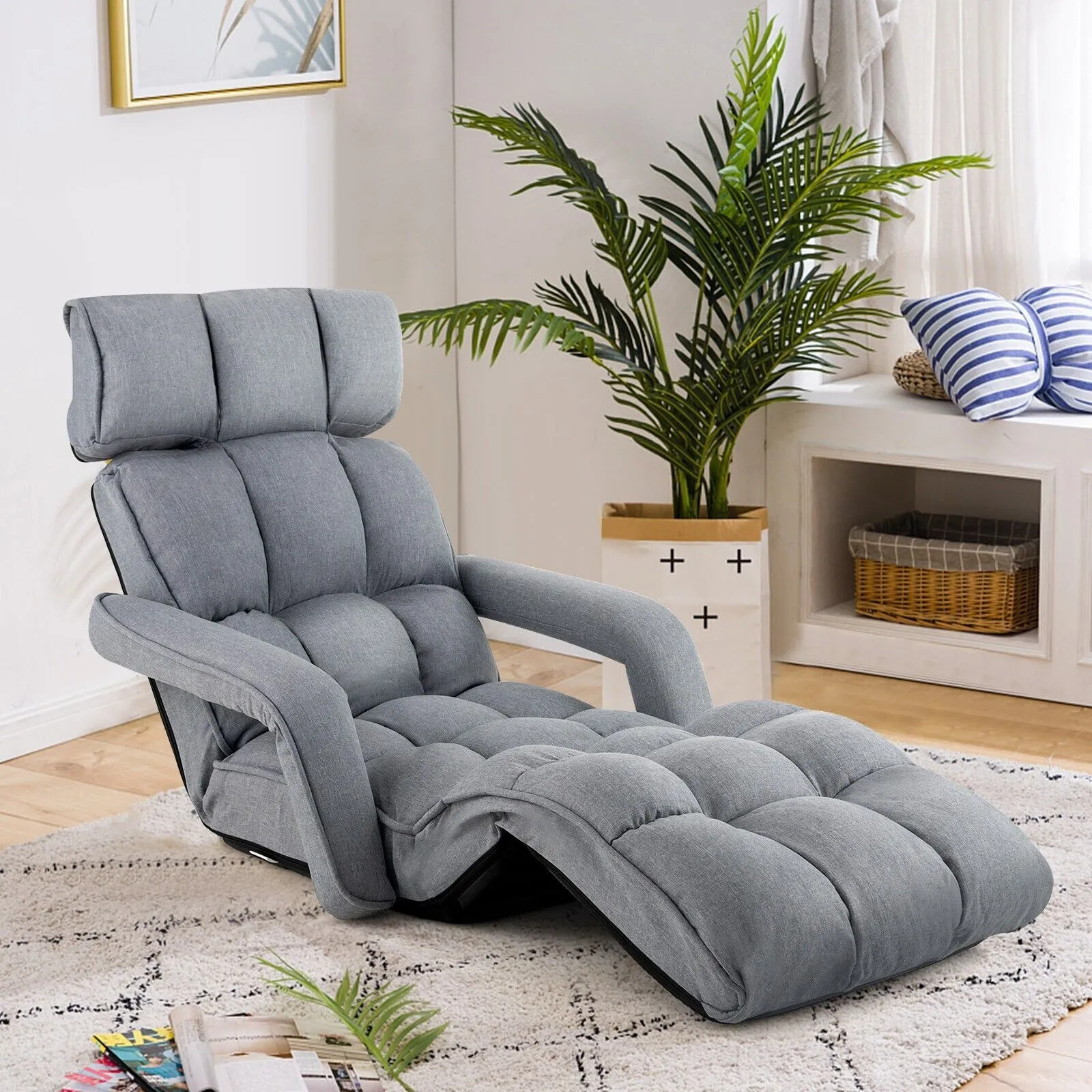 Costway Folding Sofa Chair 6 Positions Adjustable Floor Lazy Chair with Armrest Single Sofa in Grey 3