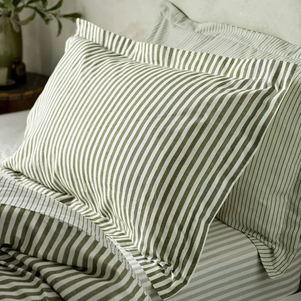 Yard Hebden Stripe 100% Cotton Duvet Cover Set, Double, Olive, Green 3