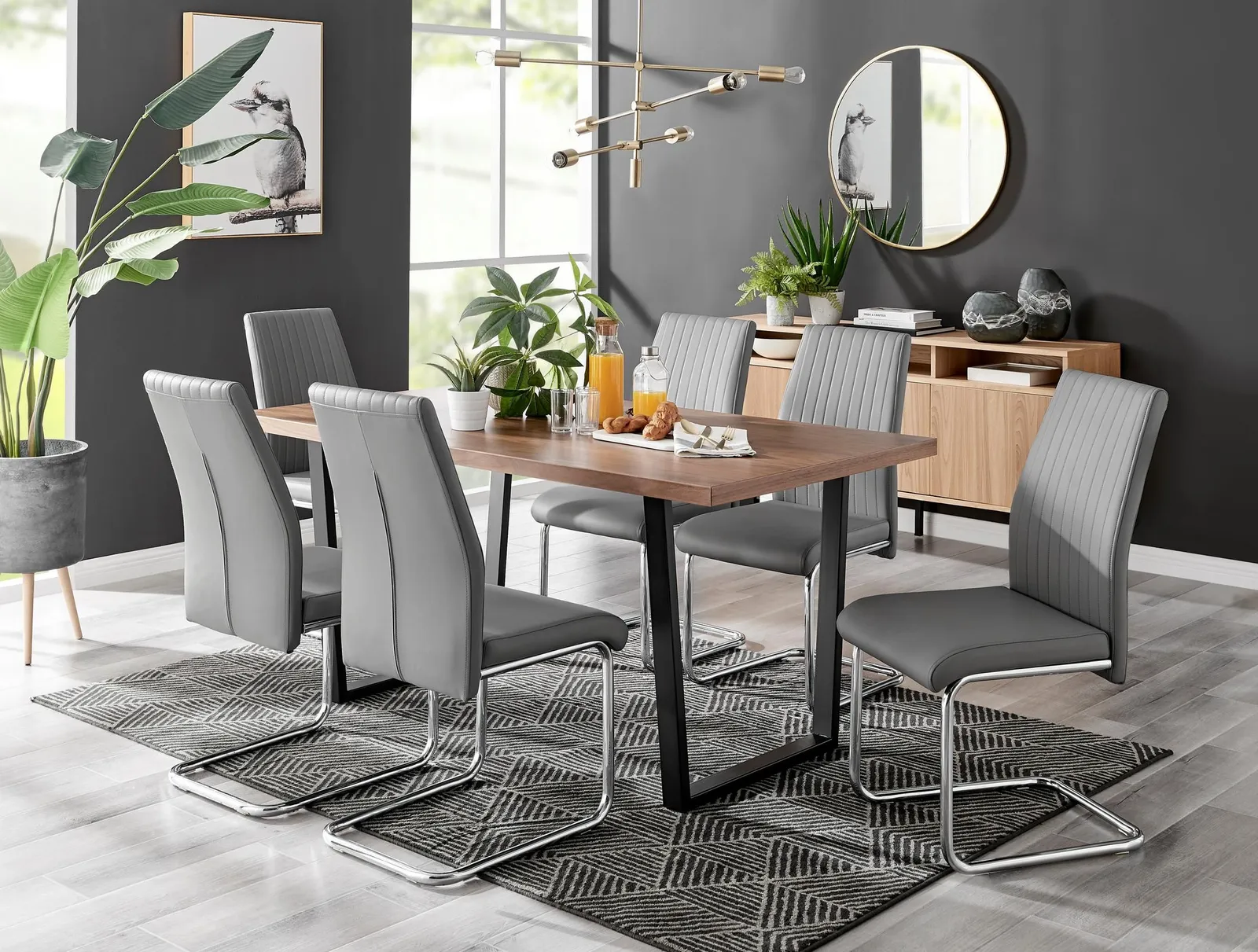 FurnitureboxUK Kylo Large Brown Wood Effect Dining Table & 6 Lorenzo Faux Leather Chairs in Grey 1