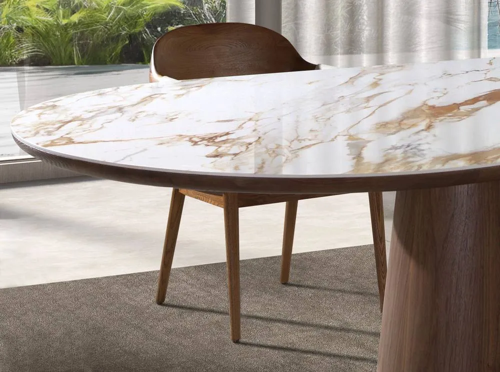 Angel Cerda Oval Porcelain Marble Dining Table with Walnut Legs in White 5