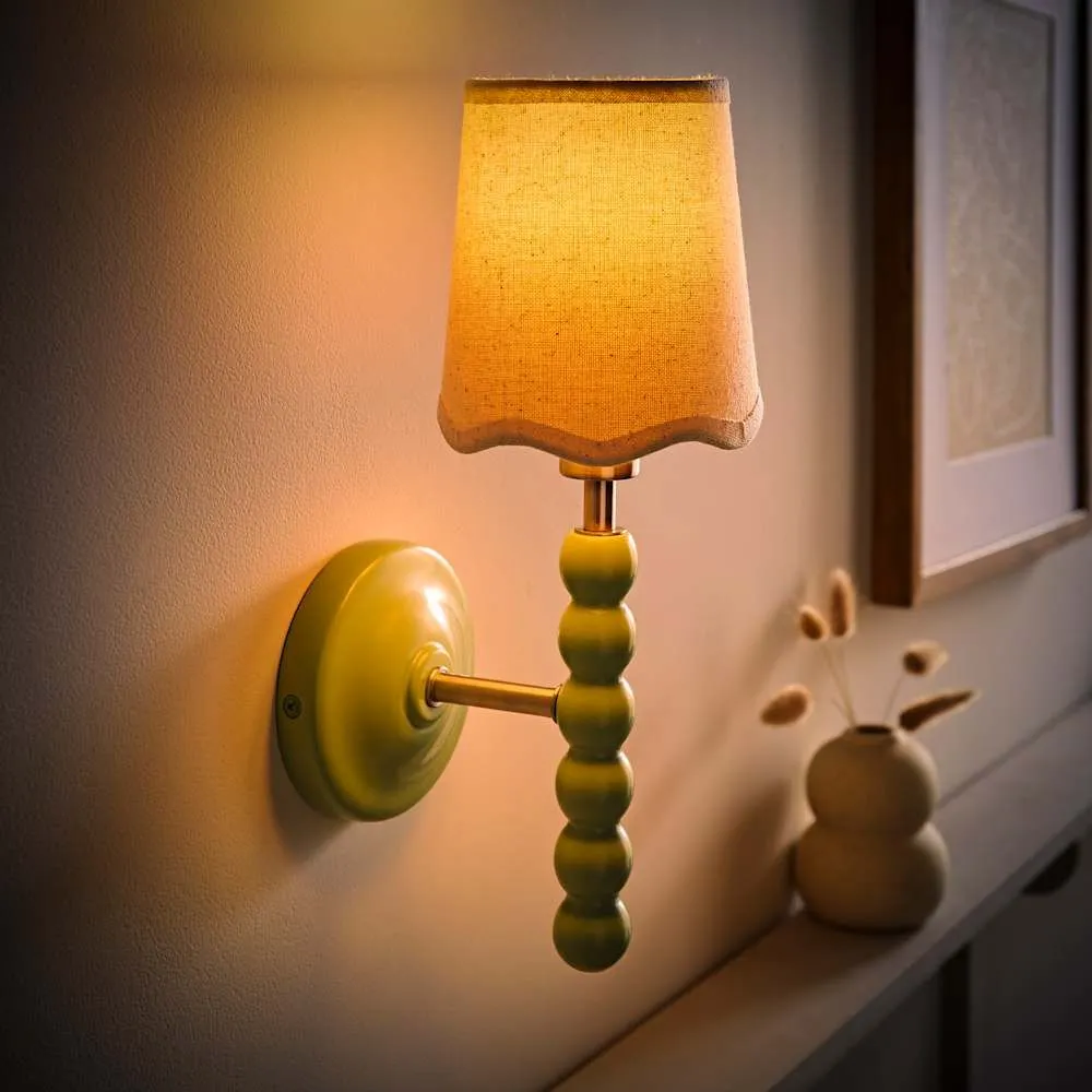 ValueLights Bobbins Pastel Bobble Wall Light & Natural Linen Lamp Shade & Bulb in Pale Green 1