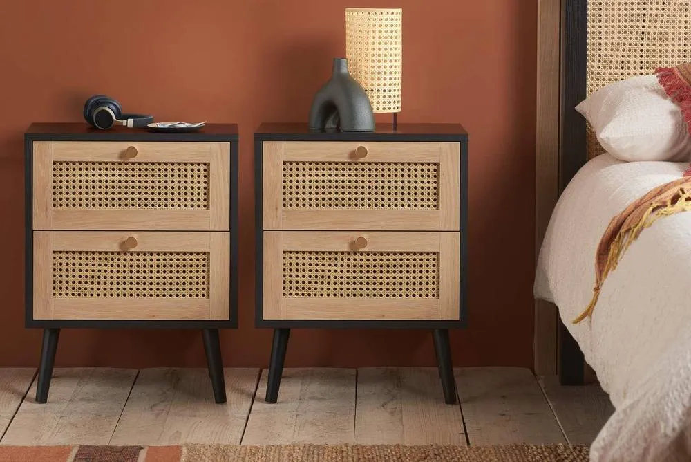 Birlea Pair of Bedside 2 Drawer Cabinet Rattan Croxley Side Table Black