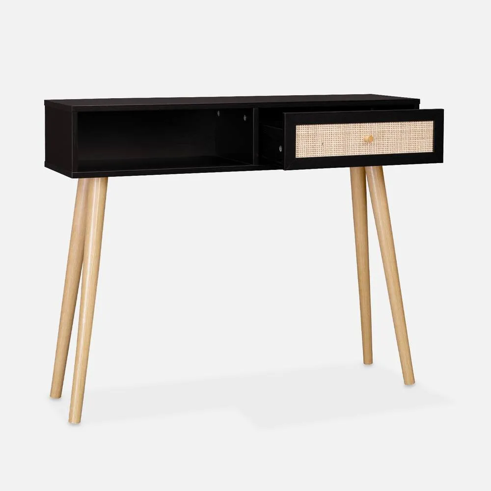 sweeek 100cm Wood & Cane Decor Console Table in Black 3