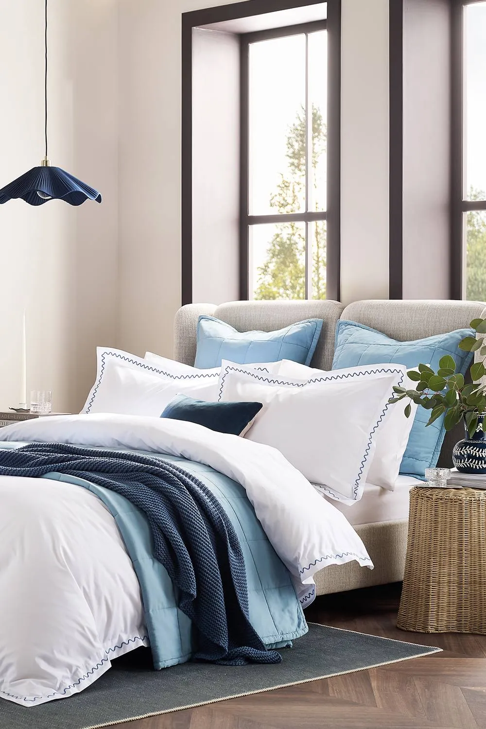 CHRISTY 'Wave Edge' Embroidered Cotton Percale Duvet Cover Sets in Blue