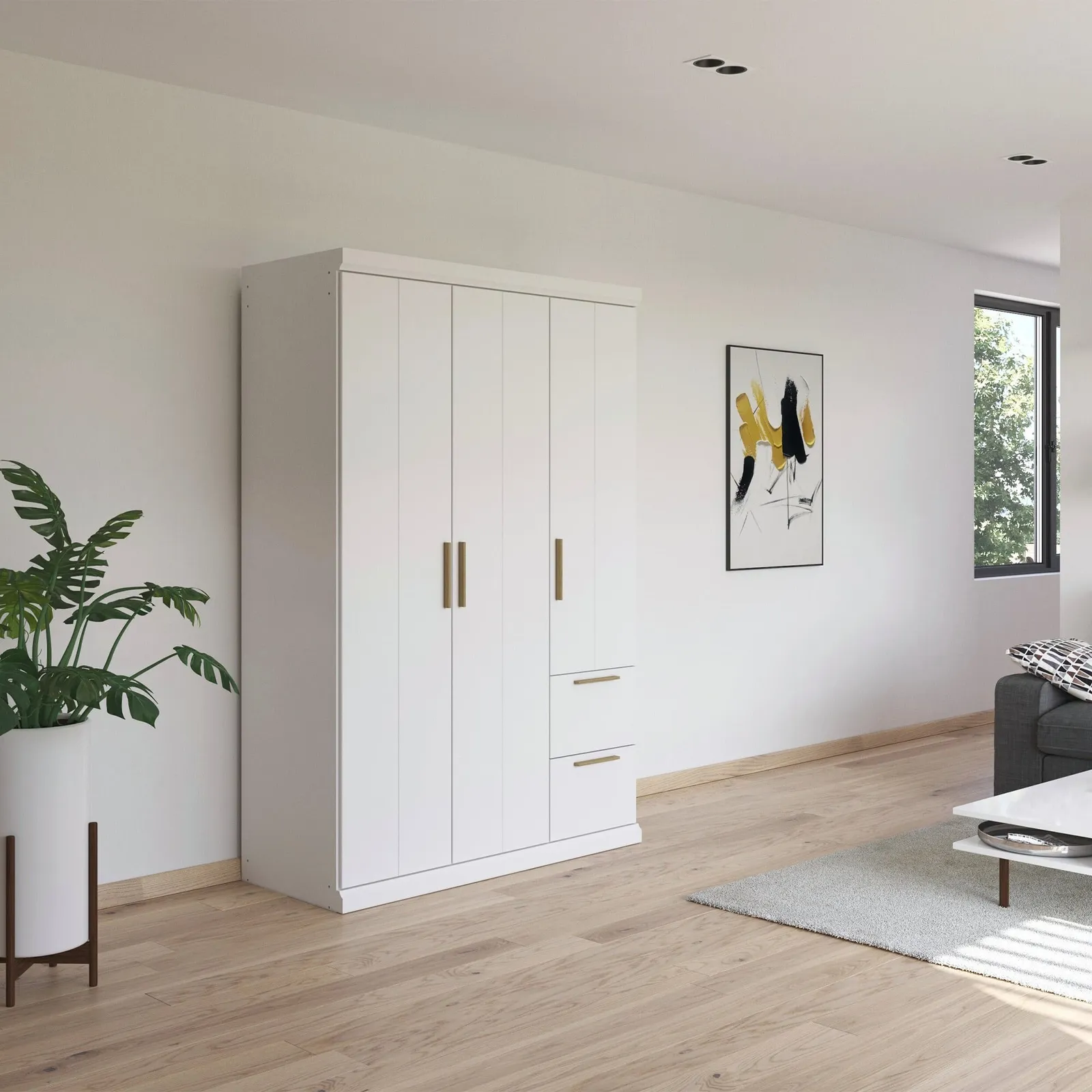 Malham 3 Door Hinged Wardrobe 136X203Cm With Cornice, White Wood | Barker & Stonehouse 2