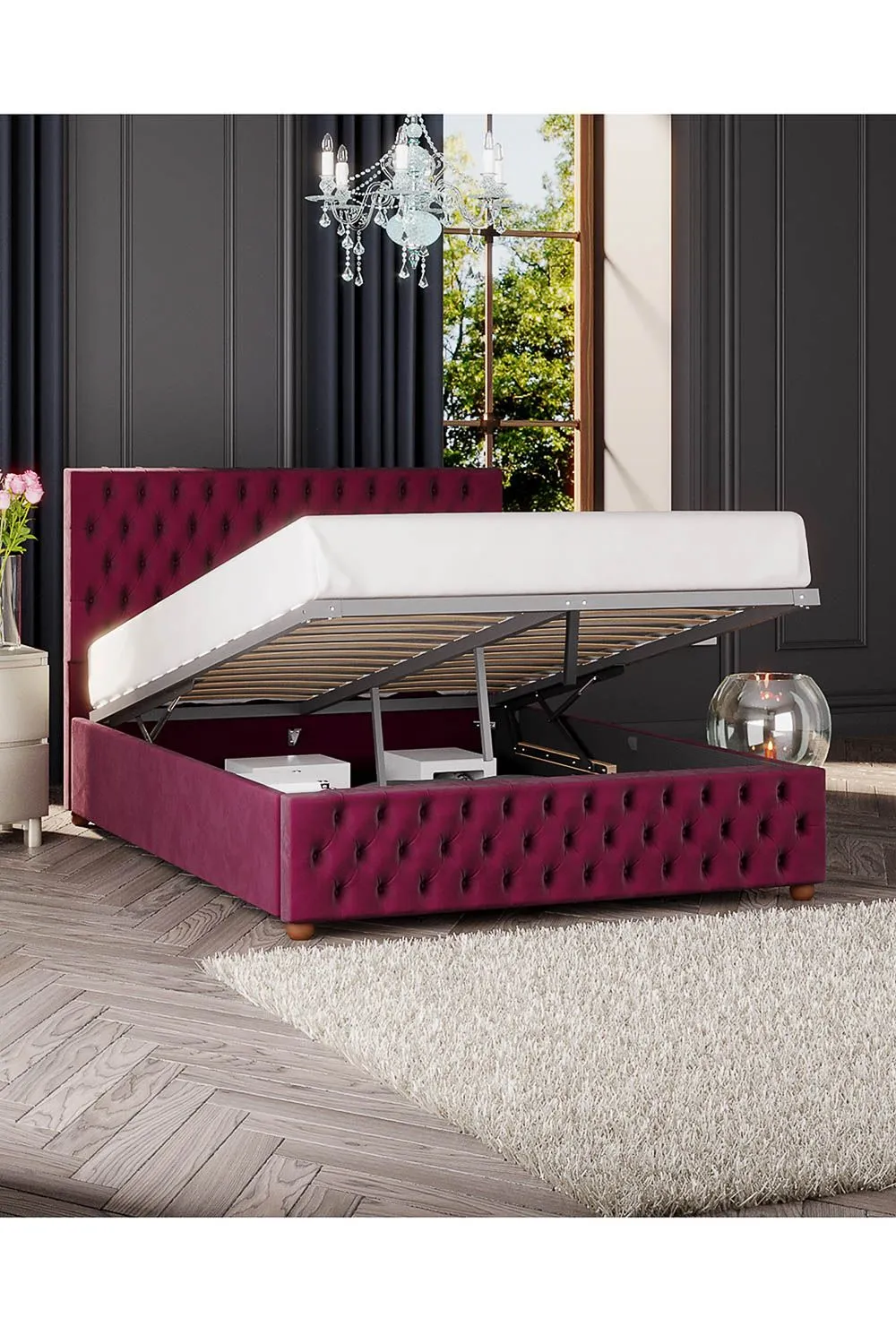 Laurence Llewelyn-Bowen Seren Ottoman Storage Bed in Plush Velvet Fabric, Custom Made in Wine 2