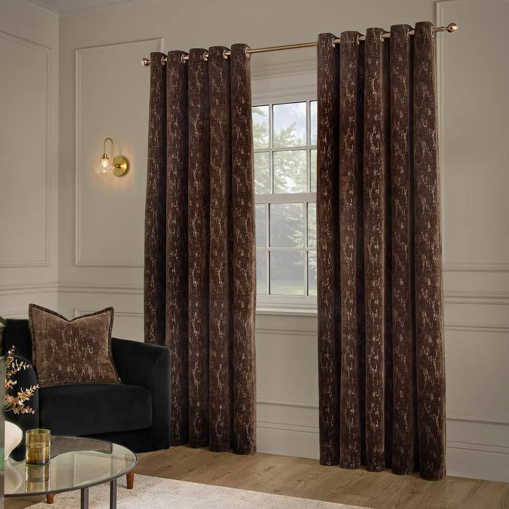 Paoletti Aurelio Chenille Fully Lined Eyelet Curtain Pair in Chocolate 4